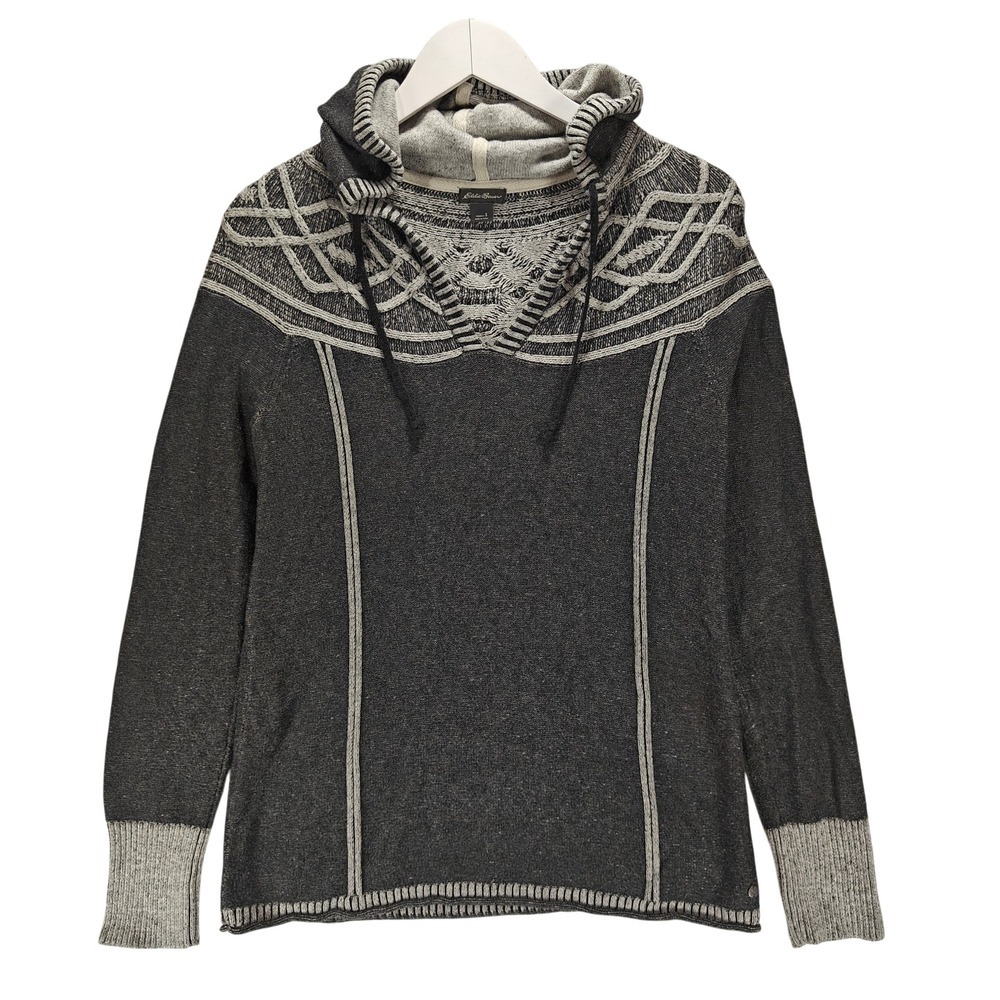 Eddie Bauer Womens Gray Knit Hooded Sweater Celtic Pattern Pullover Small